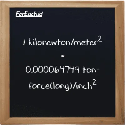 1 kilonewton/meter<sup>2</sup> is equivalent to 0.000064749 ton-force(long)/inch<sup>2</sup> (1 kN/m<sup>2</sup> is equivalent to 0.000064749 LT f/in<sup>2</sup>)